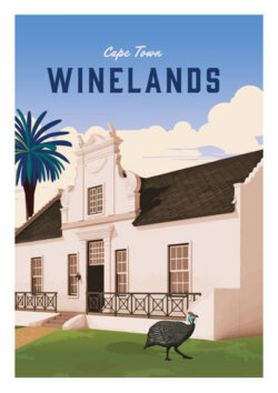 Winelands poster, Cape Town wine, vineyard art, South Africa travel, wine country, Cape Dutch architecture, luxury home décor, countryside art, estate houses, travel poster, vintage illustration, wine lover gift, elegant art, South Africa, wall art
