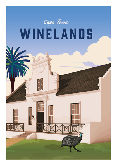 Winelands poster, Cape Town wine, vineyard art, South Africa travel, wine country, Cape Dutch architecture, luxury home décor, countryside art, estate houses, travel poster, vintage illustration, wine lover gift, elegant art, South Africa, wall art