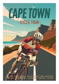 Cycle tour poster, Cape Town cycling, mountain biking, sports art, adventure poster, cyclist gift, Table Mountain, travel art, retro poster, athletic inspiration, South Africa sports, fitness décor, wall art, cycling culture, vintage illustration