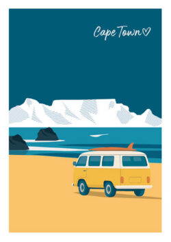 Kombi poster, VW van art, beach culture, vintage travel, Cape Town beach, retro illustration, summer vibes, road trip poster, adventure art, hippie aesthetic, wall art, home décor, coastal living, nostalgia poster, travel gift