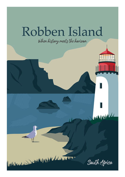 Robben Island poster, South Africa history, UNESCO heritage, lighthouse art, historical art, cultural poster, prison history, freedom symbol, educational art, heritage poster, travel art, wall art, South African landmarks, inspirational art, history lover gift