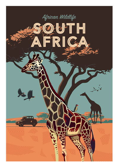 Wildlife poster, African safari, giraffe art, South Africa nature, safari adventure, animal poster, wildlife conservation, retro illustration, savanna art, nature print, travel art, wall art, home décor, African animals, nature lover gift