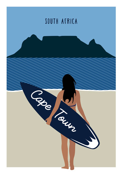 Surfing poster, Cape Town beach, surfer culture, water sports, Table Mountain, coastal lifestyle, woman surfer, adventure poster, retro travel art, wave art, beach décor, wall art, South Africa, action sports, travel gift